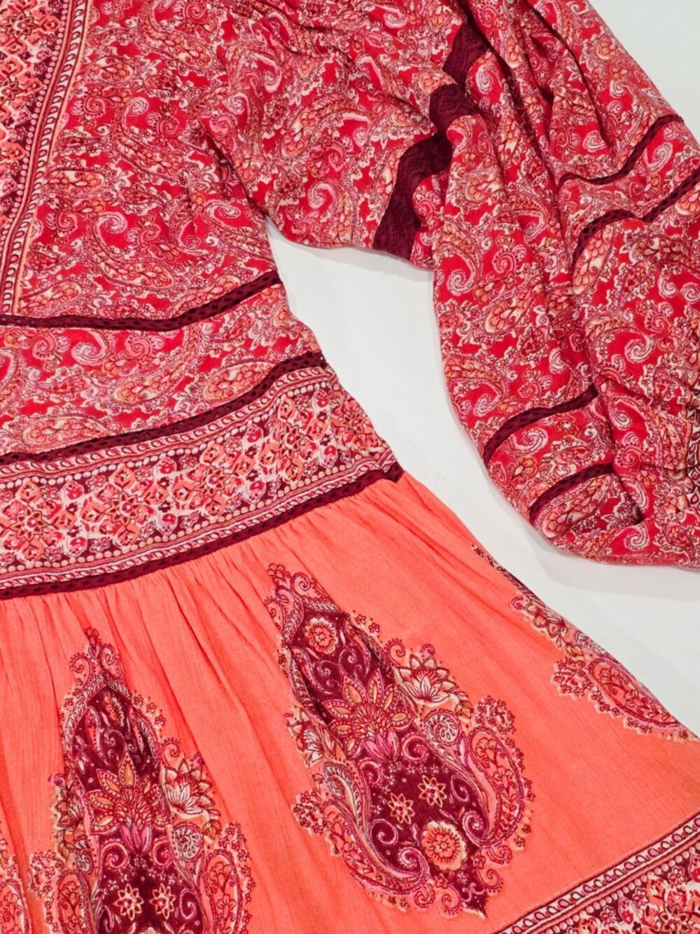 Free People ✦ Paisley Babydoll Tunic Dress ✦ Red Orange Oversized Boho Festival - Picture 9 of 13